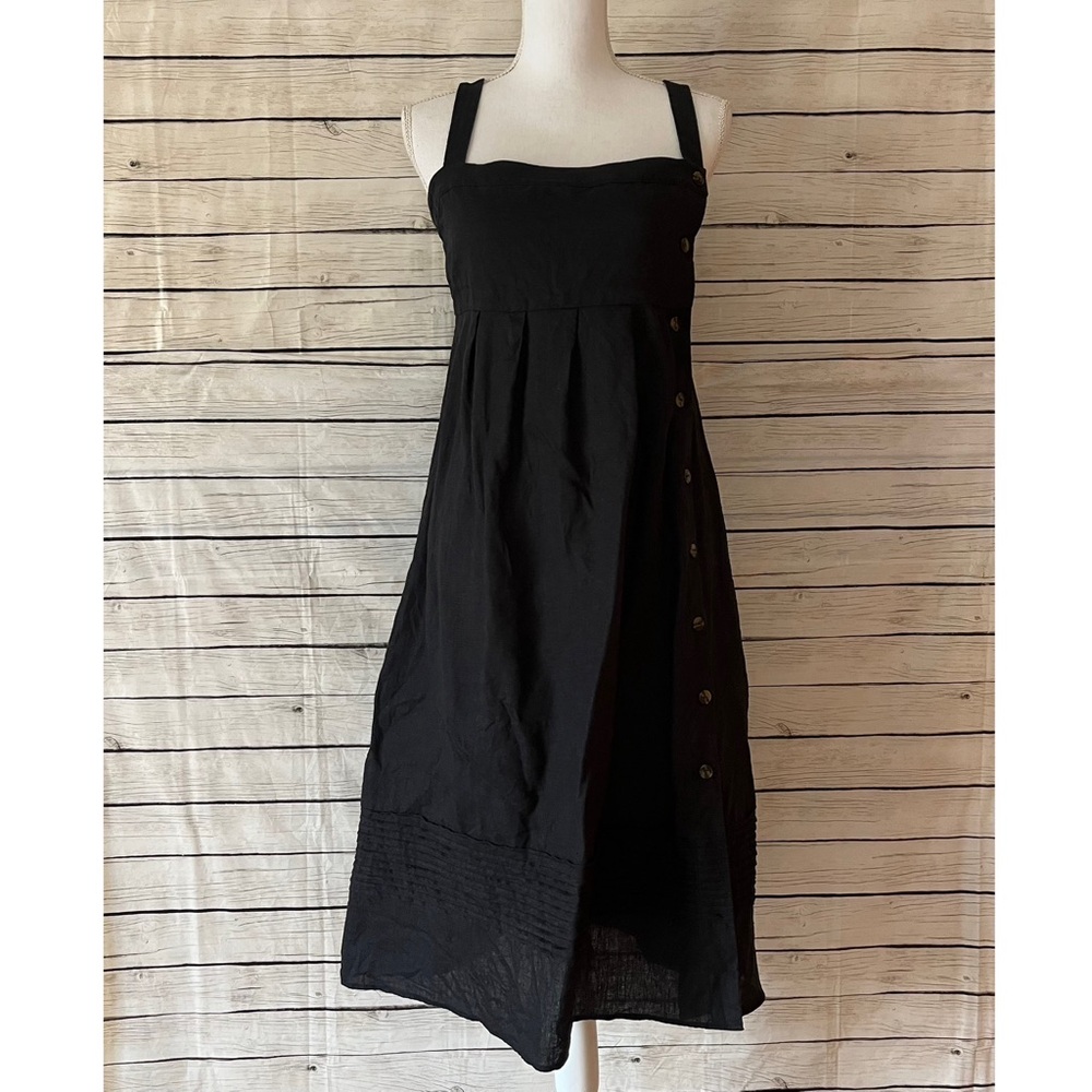 Iris & Ink Ariel 100% Linen Black Midi Dress Square Neck Side Buttons Size 10